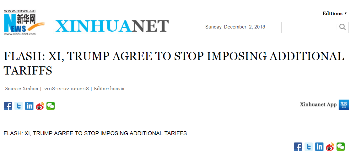 新华社：习近平和特朗普同意停止进一步加征关税