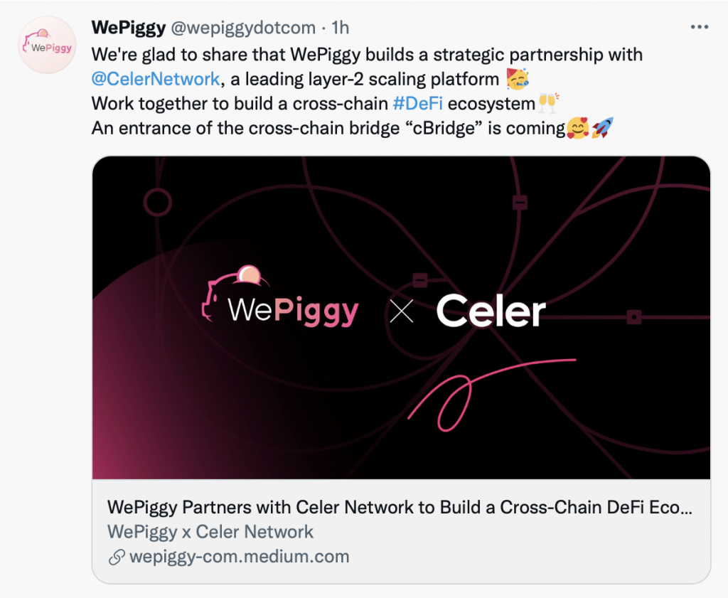 DeFi借贷协议WePiggy将集成Celer Network的跨链桥cBridge