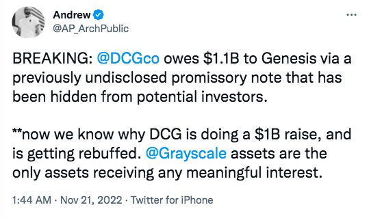 DCG被爆欠子公司Genesis超11亿美元，并要求后者不要对外公布